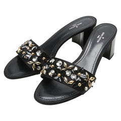 ルイ ヴィトン ビジュー 花 フラワー モチーフ サンダル サイズ：36 1/2 ブラック パテントレザー サテン レディース LOUIS VUITTON 【中古】