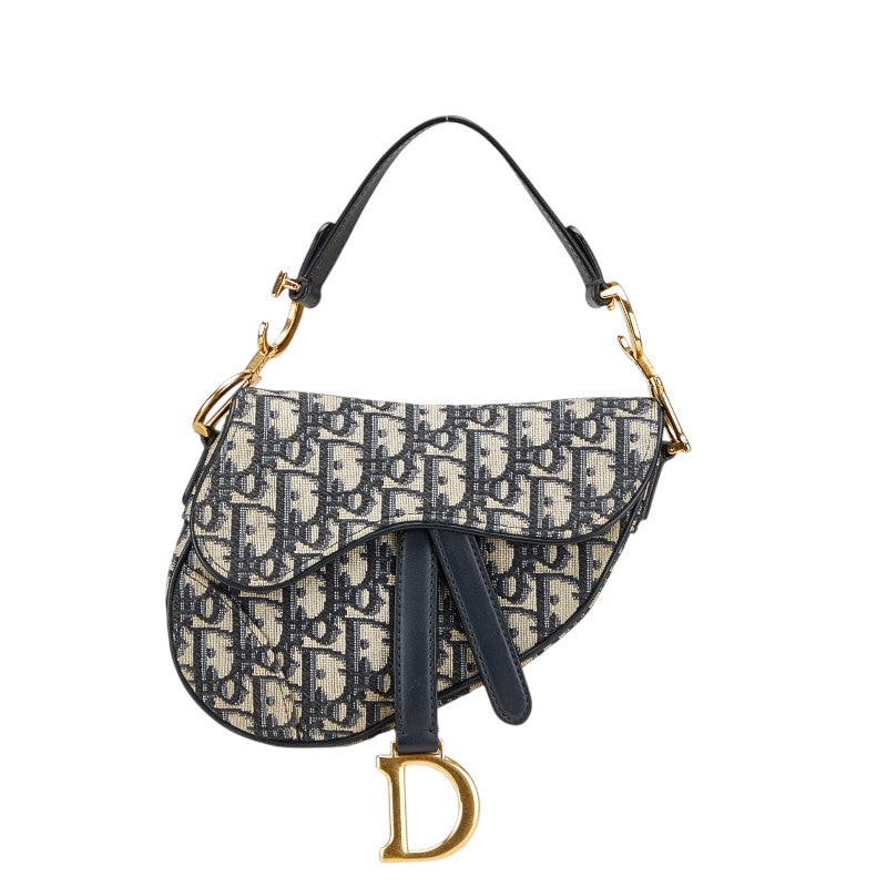 ディオール オブリーク サドル ミニ ハンドバッグ M0456CTZQ ネイビー ベージュ キャンバス レザー レディース Dior 【中古】