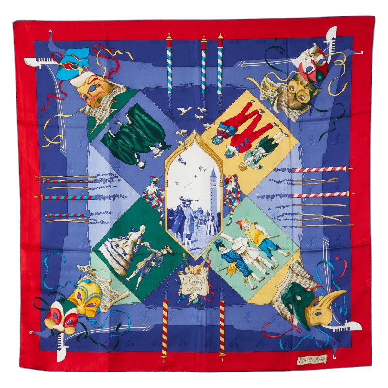 エルメス カレ90 LE CARNAVAL DE VENISE ベニスのカーニバル スカーフ ブルー レッド マルチカラー シルク レディース HERMES 【中古】