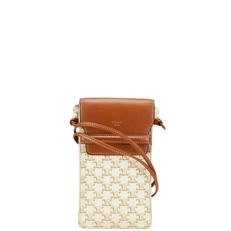 セリーヌ トリオンフ 斜め掛け ショルダーバッグ フォンケース ホワイト ブラウン PVC レザー レディース CELINE 中古