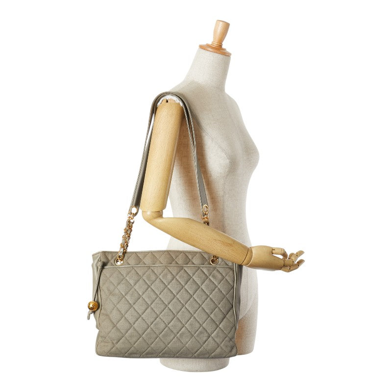 シャネル マトラッセ ココマーク チェーン トートバッグ グレー ライトグリーン キャンバス レザー レディース CHANEL 【中古】
