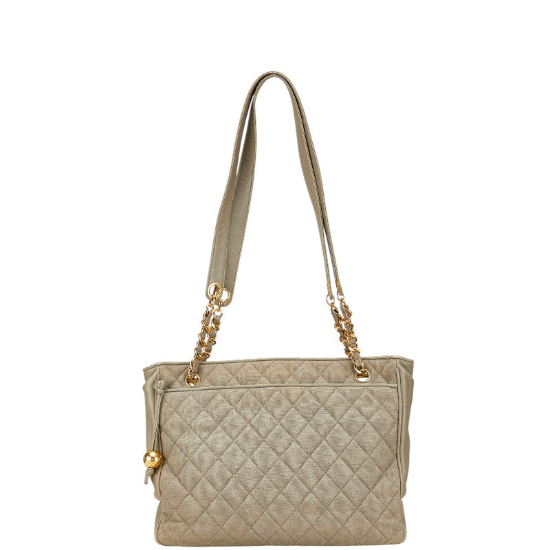 シャネル マトラッセ ココマーク チェーン トートバッグ グレー ライトグリーン キャンバス レザー レディース CHANEL 【中古】