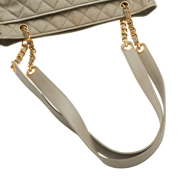 シャネル マトラッセ ココマーク チェーン トートバッグ グレー ライトグリーン キャンバス レザー レディース CHANEL 【中古】