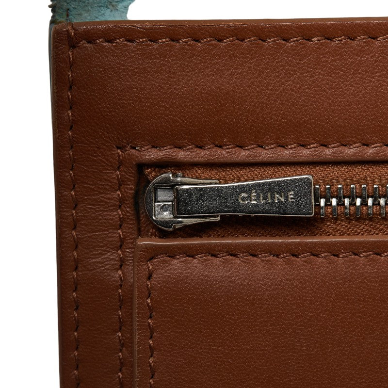 セリーヌ ストラップウォレット ラージ マルチファンクション 二つ折り財布 ライトブルー ブラウン レザー レディース CELINE 【中古】