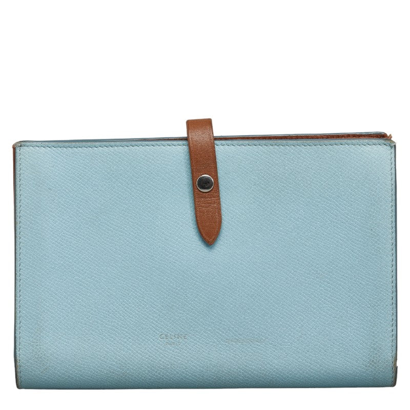 セリーヌ ストラップウォレット ラージ マルチファンクション 二つ折り財布 ライトブルー ブラウン レザー レディース CELINE 【中古】