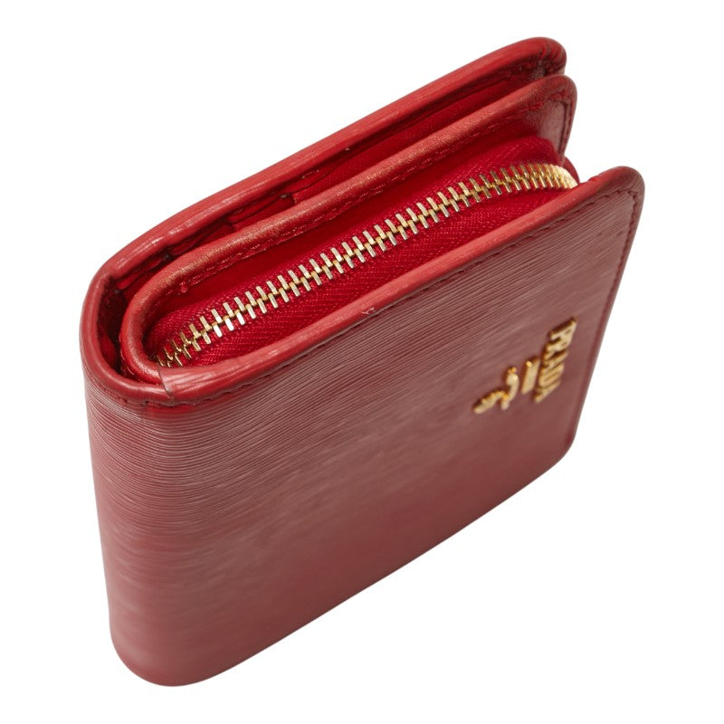 プラダ L字ファスナー 二つ折り財布 レッド レザー レディース PRADA 【中古】