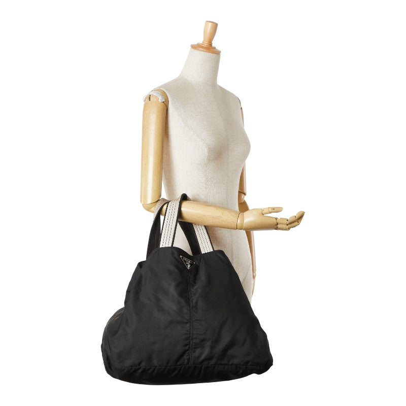 プラダ 三角ロゴプレート トートバッグ ブラック ナイロン レザー レディース PRADA 【中古】