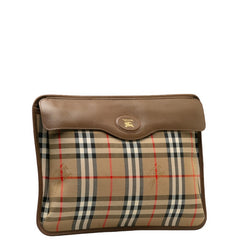 バーバリー ノバチェック シャドーホース クラッチバッグ ベージュ ブラウン キャンバス レザー レディース BURBERRY 中古