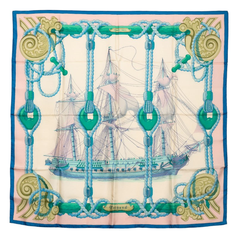 エルメス カレ90 Tribord 帆船 スカーフ ベージュ ブルー マルチカラー シルク レディース HERMES 【中古】