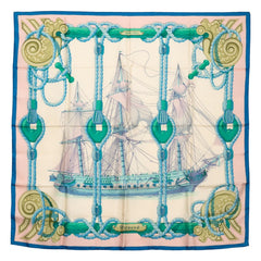 エルメス カレ90 Tribord 帆船 スカーフ ベージュ ブルー マルチカラー シルク レディース HERMES 【中古】