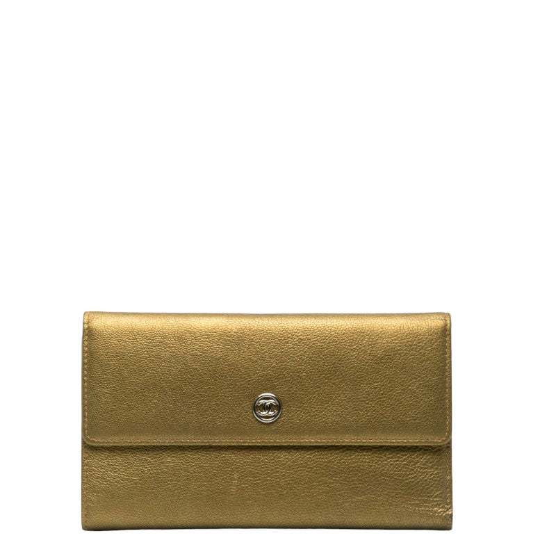 シャネル ココマーク 三つ折り財布 長財布 メタリック カーキ レザー レディース CHANEL 【中古】