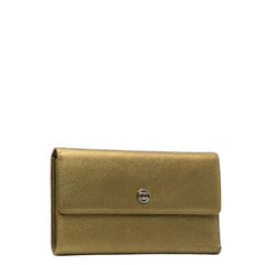 シャネル ココマーク 三つ折り財布 長財布 メタリック カーキ レザー レディース CHANEL 【中古】