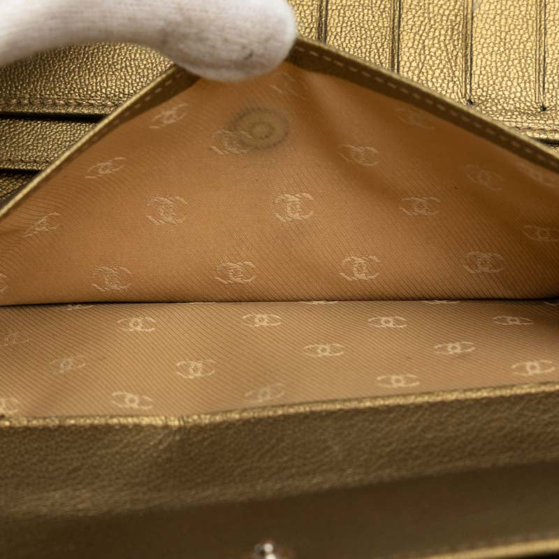 シャネル ココマーク 三つ折り財布 長財布 メタリック カーキ レザー レディース CHANEL 【中古】
