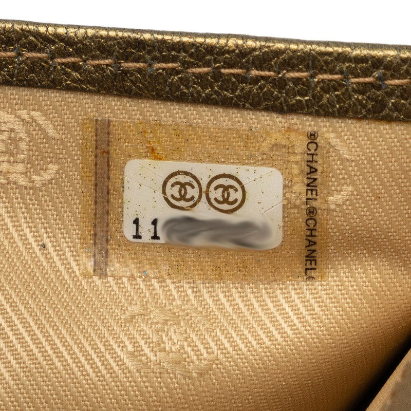シャネル ココマーク 三つ折り財布 長財布 メタリック カーキ レザー レディース CHANEL 【中古】