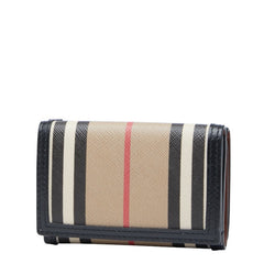 バーバリー アイコンストライプ コンパクトウォレット 三つ折り財布 ベージュ ブラック PVC レディース BURBERRY 【中古】