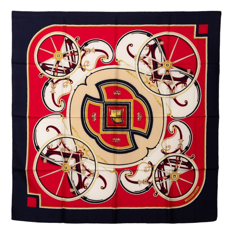 エルメス カレ90 WASHINGTON’S CARRIAGE ジョージワシントンの馬車 スカーフ ネイビ レッド マルチカラー シルク レディース HERMES 【中古】