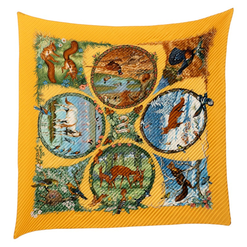 エルメス プリーツカレ Les Quatre Saisons 四季 スカーフ イエロー マルチカラー シルク レディース HERMES 中古