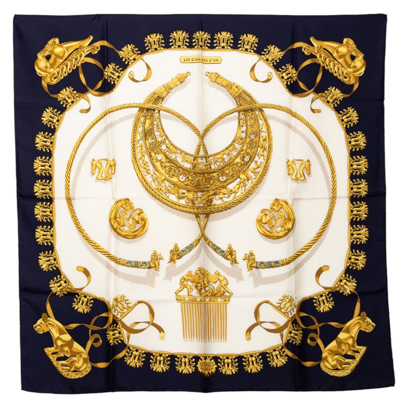 エルメス カレ90 LES CAVALIERS D´OR 黄金ノ騎士 スカーフ ネイビー ホワイト ゴールド シルク レディース HERMES 【中古】