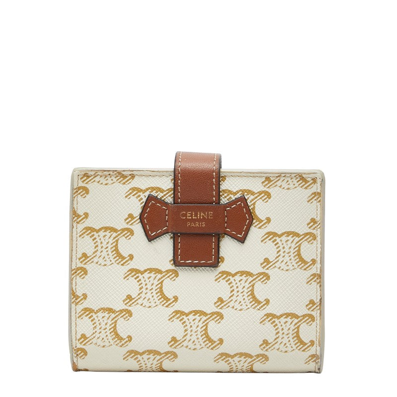 セリーヌ トリオンフ スモール ストラップウォレット 二つ折り財布 アイボリー ブラウン PVC レザー レディース CELINE 中古