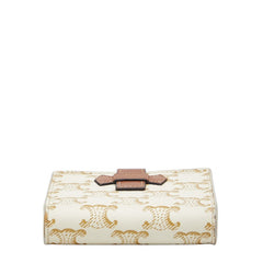 セリーヌ トリオンフ スモール ストラップウォレット 二つ折り財布 アイボリー ブラウン PVC レザー レディース CELINE 【中古】