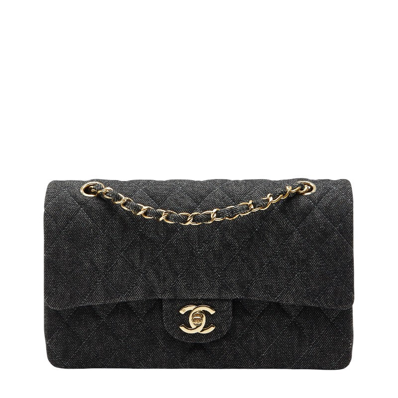 シャネル マトラッセ25 ココマーク ダブルフラップ チェーン ショルダーバッグ ブラック デニム レディース CHANEL 【中古】