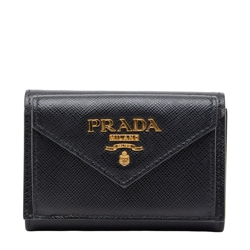 プラダ ロゴ 三つ折り財布 1MH021 ブラック サファイアーノレザー レディース PRADA 【中古】