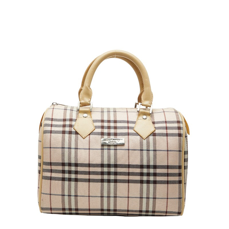 バーバリー ノバチェック ミニボストンバッグ ハンドバッグ ピンク ベージュ キャンバス レザー レディース BURBERRY 【中古】