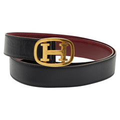 エルメス コンスタンス Hロゴ ベルト ブラック ボルドー ボックスカーフ レザー レディース HERMES 【中古】