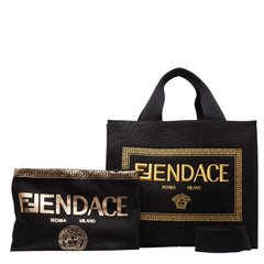 フェンディ ×VERSACA ヴェルサーチ FENDACE フェンダーチェ ラ メデューサ 総柄 トートバッグ ショルダーバッグ 2WAY 8BH395 ブラック イエロー キャンバス レディース FENDI 中古