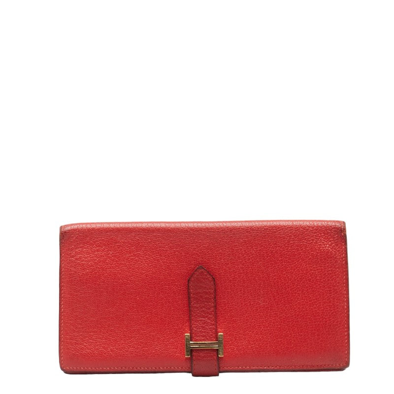 エルメス ベアンスフレ 二つ折り財布 長財布 ルージュ レッド レザー レディース HERMES 中古