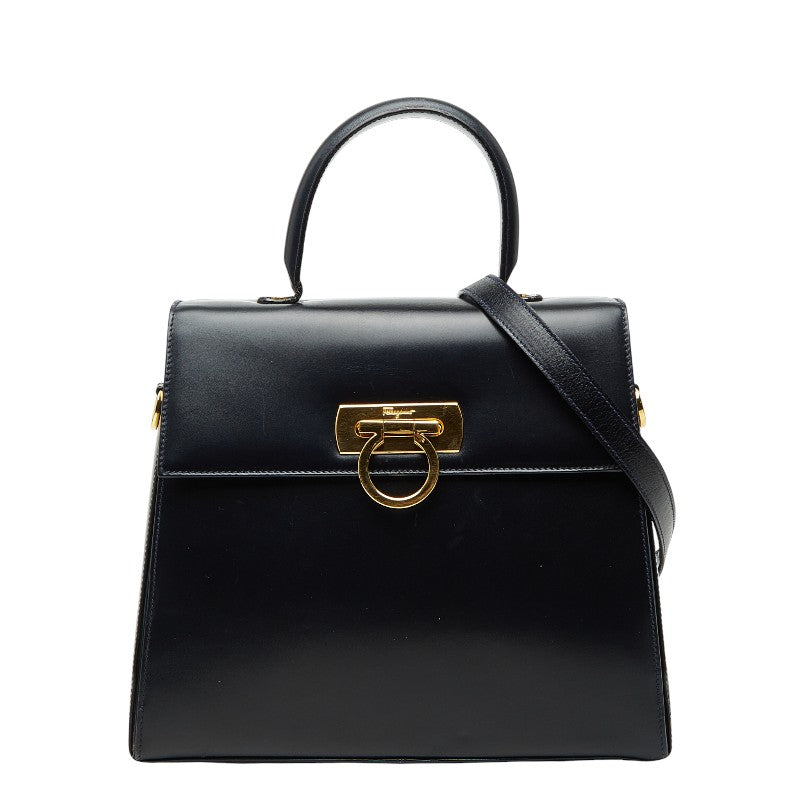 サルヴァトーレフェラガモ ガンチーニ ハンドバッグ ショルダーバッグ 2WAY ネイビー カーフレザー レディース Salvatore Ferragamo 中古