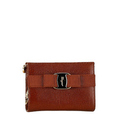 サルヴァトーレフェラガモ ヴァラリボン 型押し ポーチ 小物入れ ブラウン レザー レディース Salvatore Ferragamo 中古