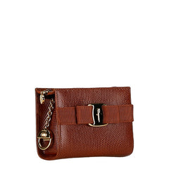 サルヴァトーレフェラガモ ヴァラリボン 型押し ポーチ 小物入れ ブラウン レザー レディース Salvatore Ferragamo 中古