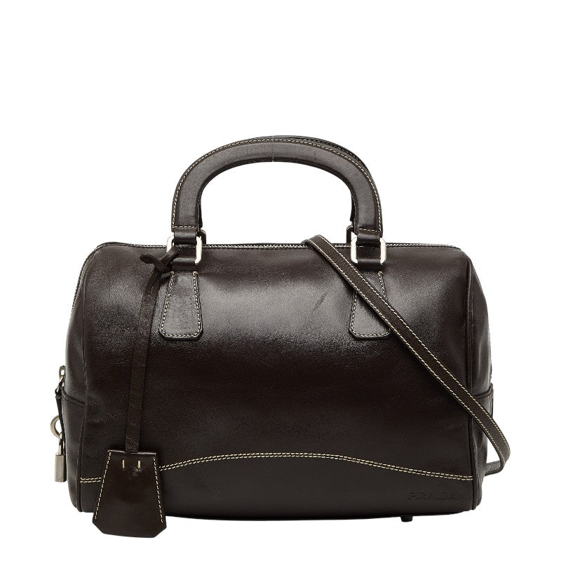 プラダ ロゴ ボストンバッグ ショルダーバッグ 2WAY B11075 ダークブラウン レザー レディース PRADA 【中古】