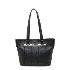 シャネル チョコバー ロゴ トートバッグ ハンドバッグ ブラック キャビアスキン レディース CHANEL 中古