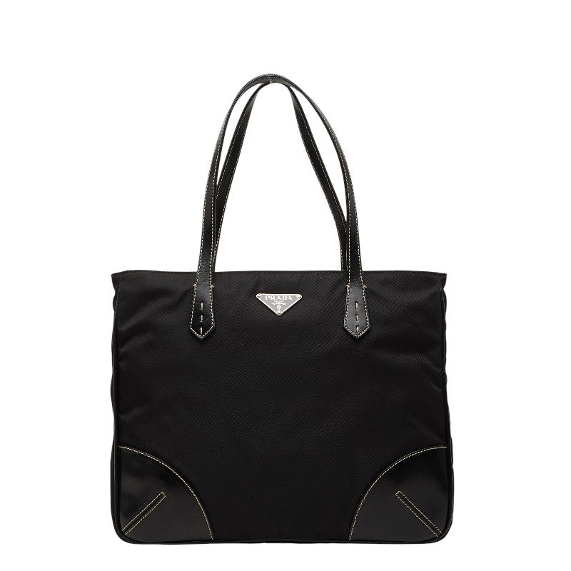 プラダ 三角ロゴプレート トートバッグ ブラック ナイロン レザー レディース PRADA 【中古】
