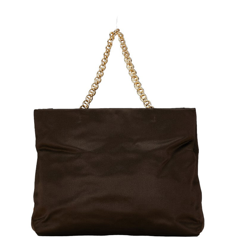 プラダ 三角ロゴプレート チェーンショルダーバッグ トートバッグ ブラウン サテン レディース PRADA 【中古】