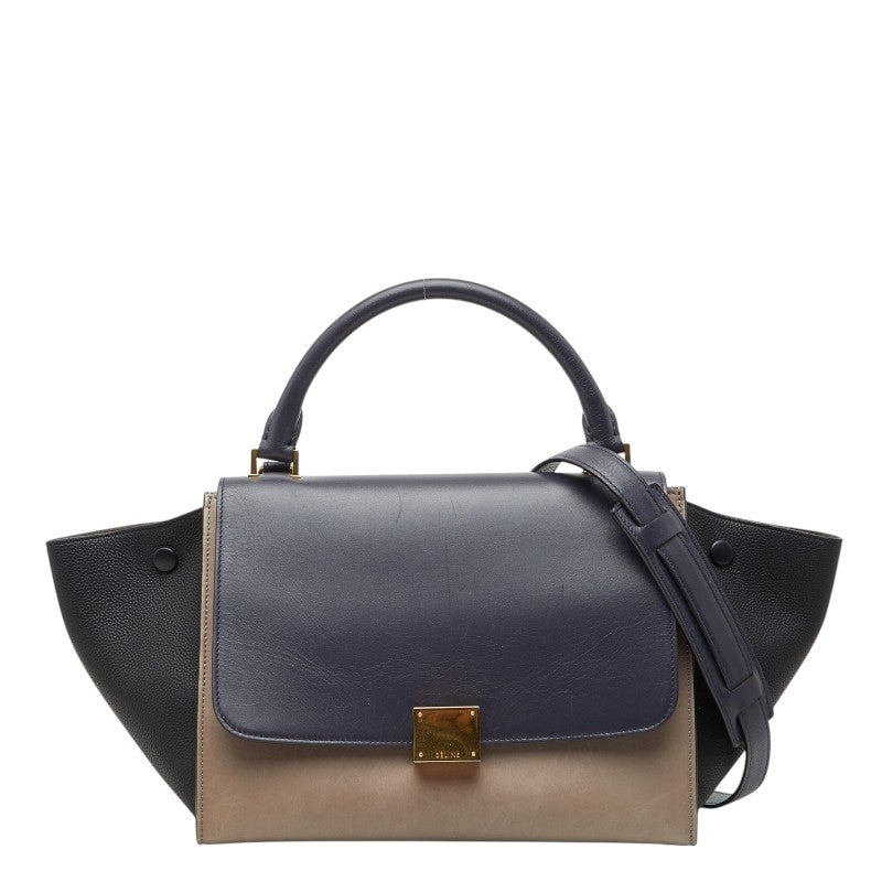 セリーヌ トラペーズ スモール トリコロール ハンドバッグ ショルダーバッグ 2WAY ベージュ ブラック グレー レザー レディース CELINE 【中古】