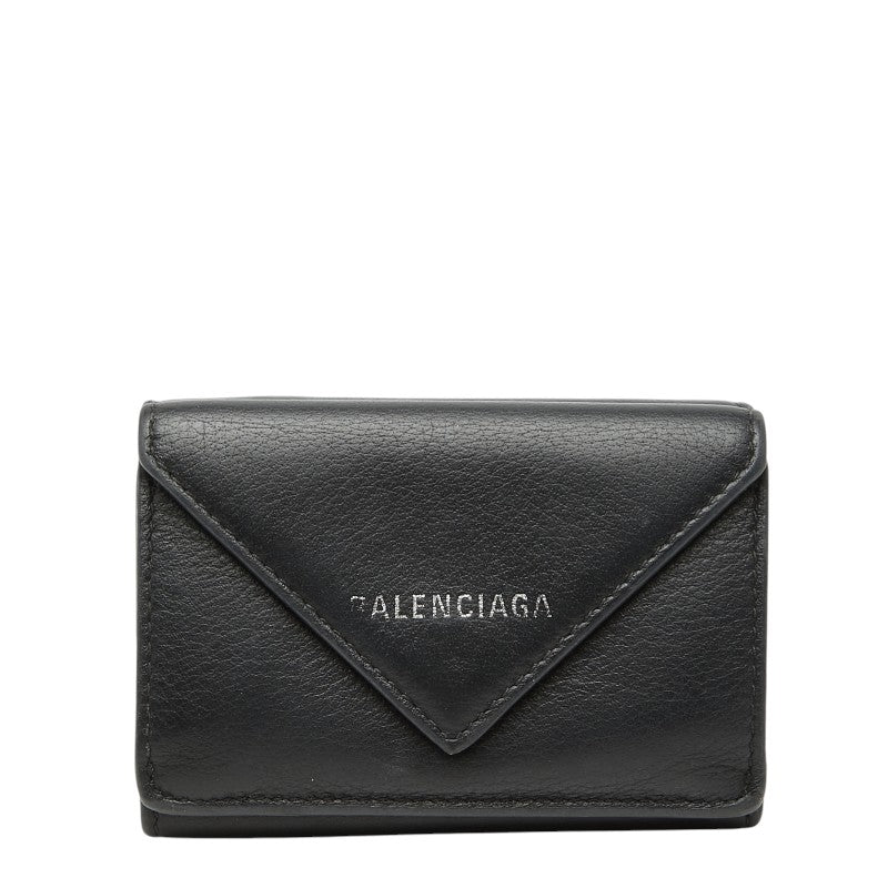 バレンシアガ ペーパー ミニウォレット 三つ折り財布 コンパクト 391446 ブラック レザー レディース BALENCIAGA 【中古】
