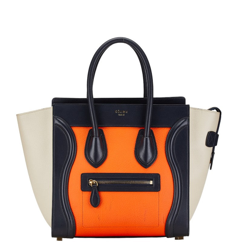 セリーヌ ラゲージ マイクロショッパー ハンドバッグ ネイビー オレンジ ベージュ レザー レディース CELINE 【中古】