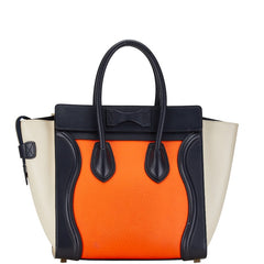 セリーヌ ラゲージ マイクロショッパー ハンドバッグ ネイビー オレンジ ベージュ レザー レディース CELINE 中古