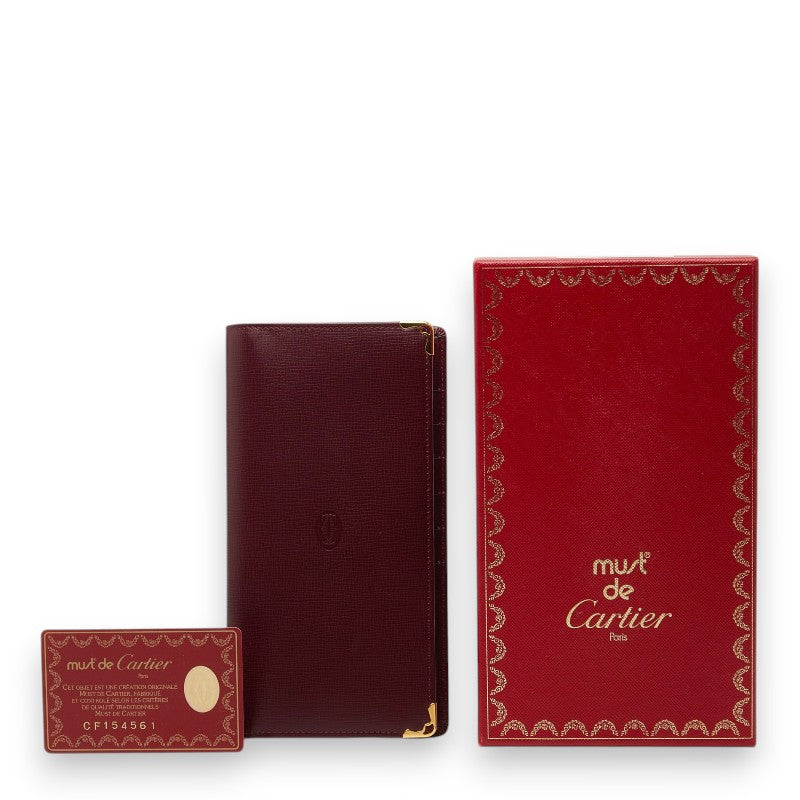 カルティエ マストライン 二つ折り マルチウォレット ボルドー ワインレッド レザー レディース CARTIER 【中古】