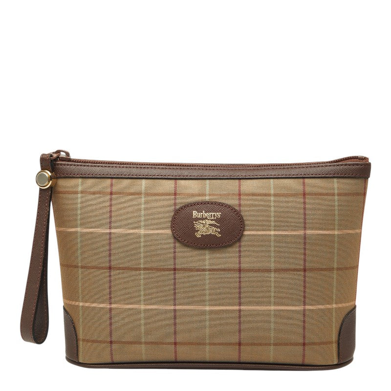 バーバリー チェック ポーチ カーキグリーン ブラウン キャンバス レザー レディース BURBERRY 【中古】