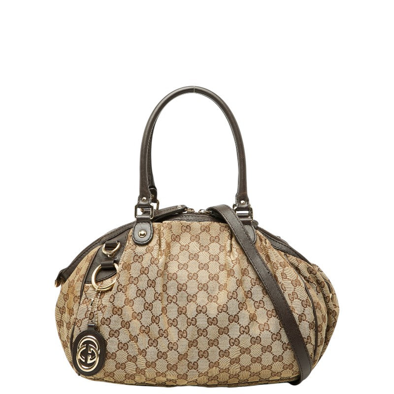 グッチ GGキャンバス トートバッグ ショルダーバッグ 2WAY 223974 ベージュ ブラウン キャンバス レザー レディース GUCCI 【中古】