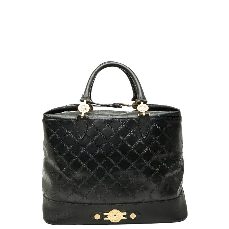 ヴェルサーチェ サンバースト グレカ ボストンバッグ トートバッグ ブラック ゴールド レザー レディース VERSACE 【中古】