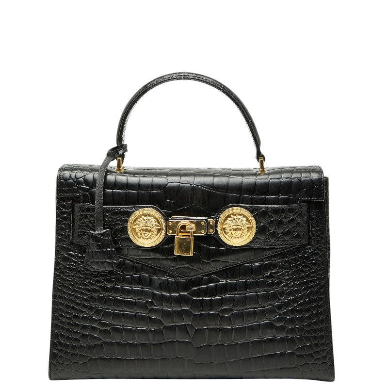 ヴェルサーチェ メデューサ クロコ形押し ハンドバッグ ブラック ゴールド レザー レディース VERSACE 【中古】