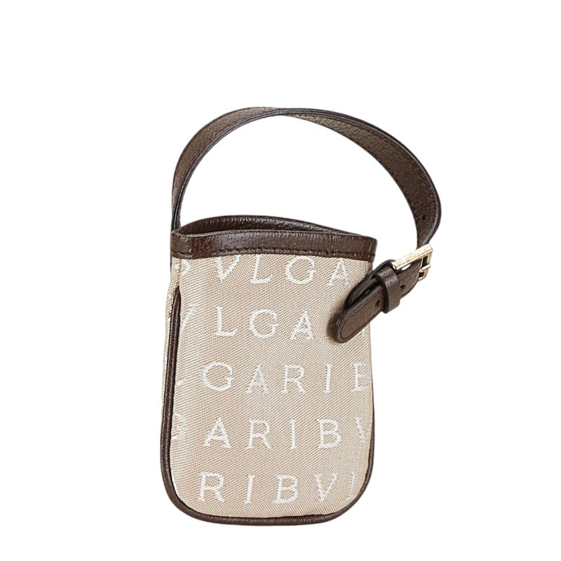 ブルガリ ロゴマニア ポーチ バッグチャーム ミニバッグ ベージュ ブラウン キャンバス レザー レディース BVLGARI 【中古】