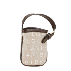 ブルガリ ロゴマニア ポーチ バッグチャーム ミニバッグ ベージュ ブラウン キャンバス レザー レディース BVLGARI 【中古】