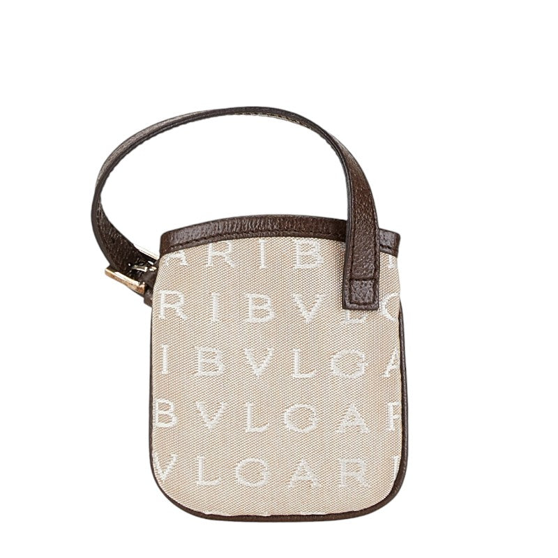 ブルガリ ロゴマニア ポーチ バッグチャーム ミニバッグ ベージュ ブラウン キャンバス レザー レディース BVLGARI 【中古】