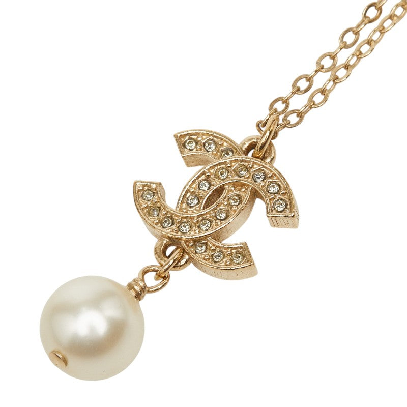シャネル ココマーク ラインストーン ネックレス シャンパンゴールド メッキ フェイクパール レディース CHANEL 【中古】